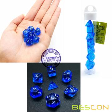 Bescon Mini Polyédrique Translucide RPG Dice Set 10MM, Petit jeu de rôle RPG Jeu Dice Set D4-D20 en Tube, Transparent Bleu