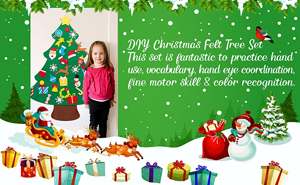 YM 3ft DIY Felt Christmas Tree Set Plus Snowman Advent Calendar - Xmas Decorations Wall Hanging 33 Ornaments Kids Gifts