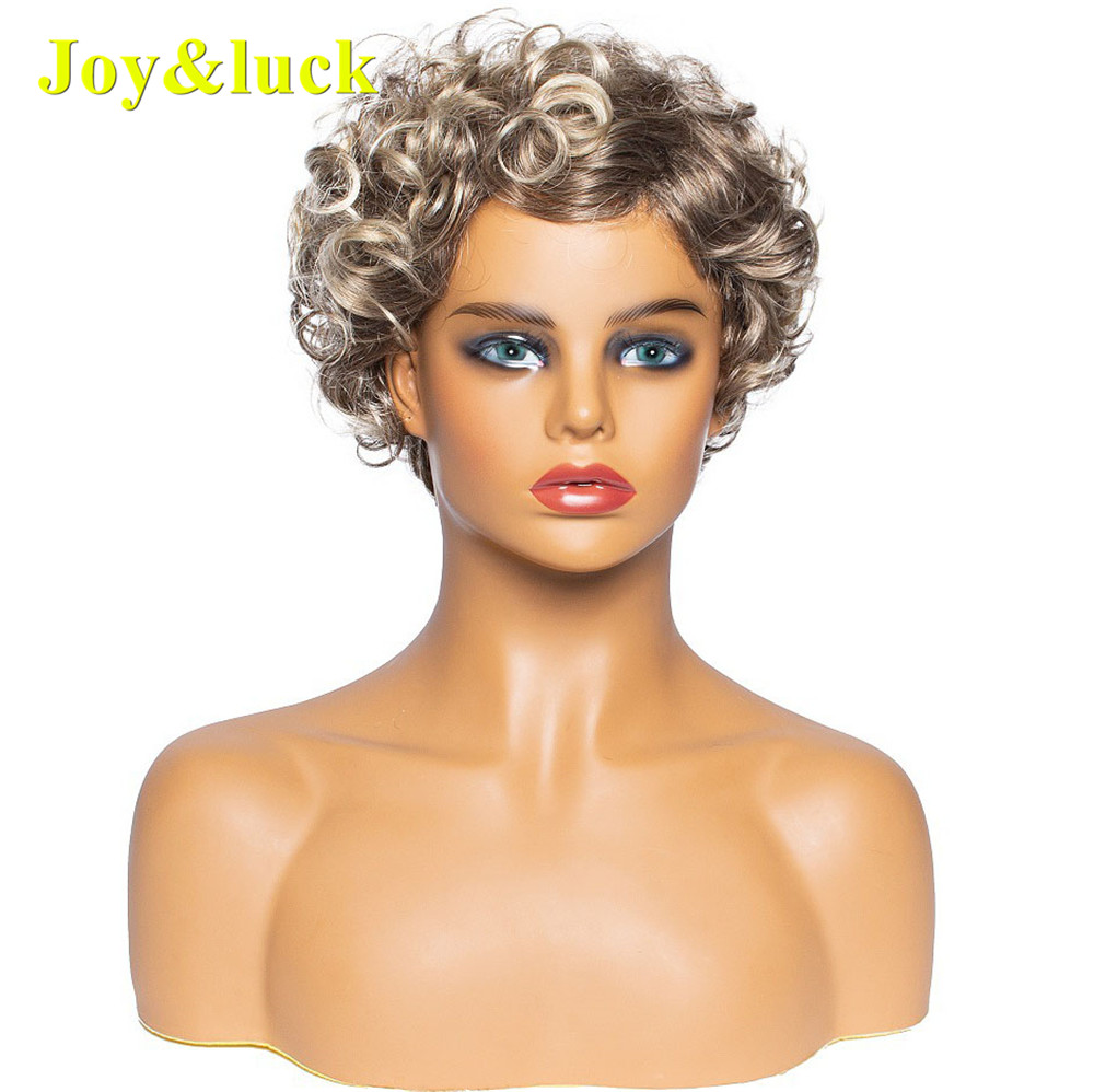 Wholesale Prices for Black Women Machine Made Party Side Part Brown Ombre Blonde Pixie Cut Short Kinky Curly Synthetic Wigs