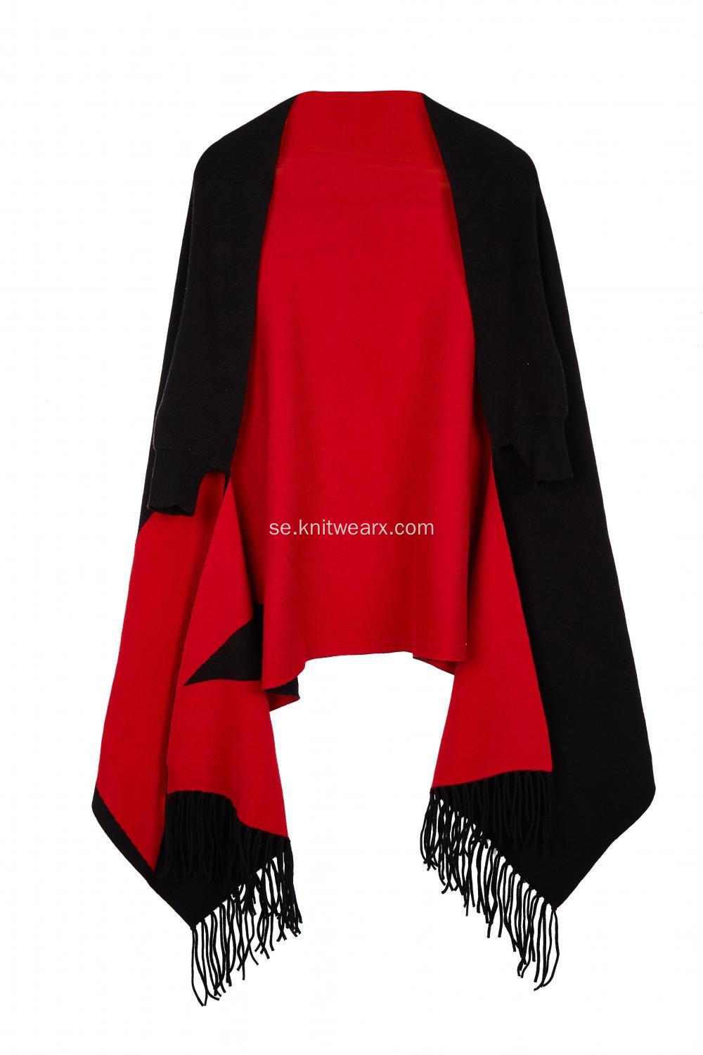 Dam stickad stretchbar Jacquard Tassel Poncho Cape