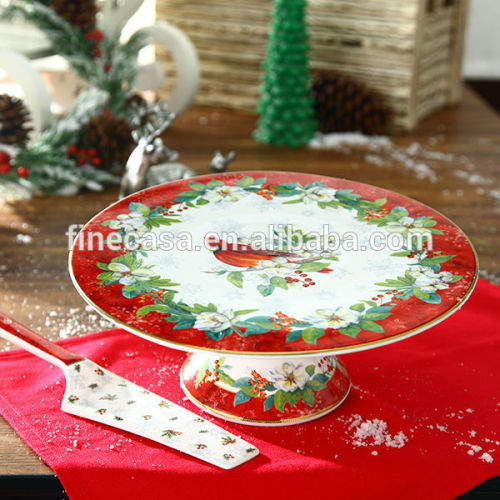 11 Inches Christmas Fine New Bone China Santa Ceramic Cake Stand with Server of New Christmas