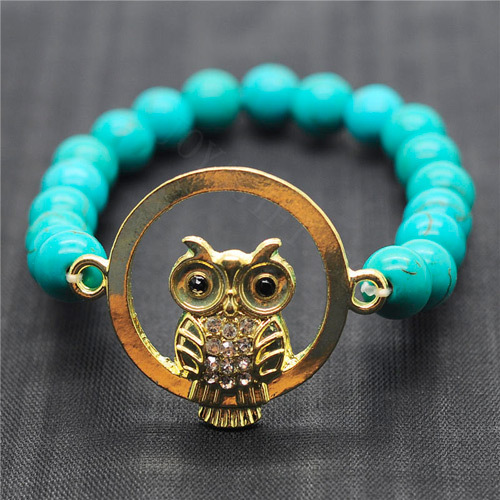 Turquoise 8MM Round Beads Stretch Gemstone Bracelet with Diamante owl alloy Piece