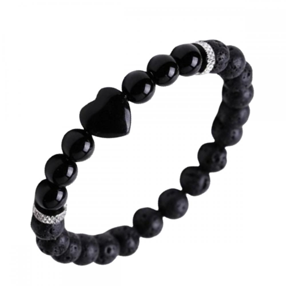 Corazón natural de piedra de lava negra con pulsera elástica de piedra preciosa y ronda de 8 mm para hombres Pulseras redondas de cristal