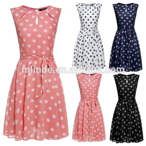 Women Sleeveless Polka Dots Chiffon Sundress Flare Flim White Pink Blue Black Wedding Cocktail Evening Party Dress With Belt