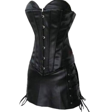 Sexy Women Steampunk Waist Slimming Strapless Corset Overbust Bustier Body Shapewear Faux Leather Black Corset Dress