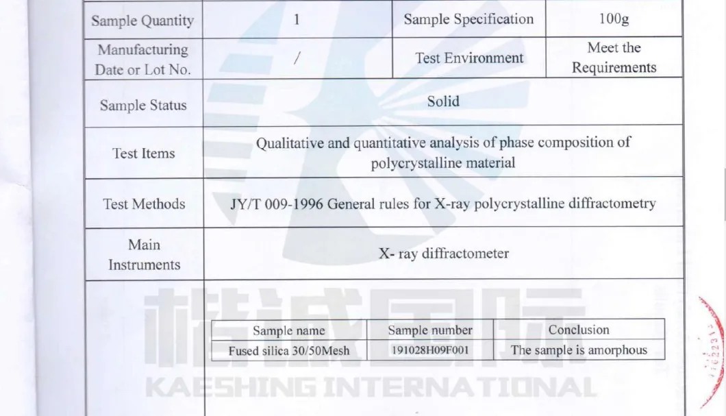 High Purity Fused Silica Non-Crystalline Non-Cristobalite 99.95% Amorphouse Silicon Doxide