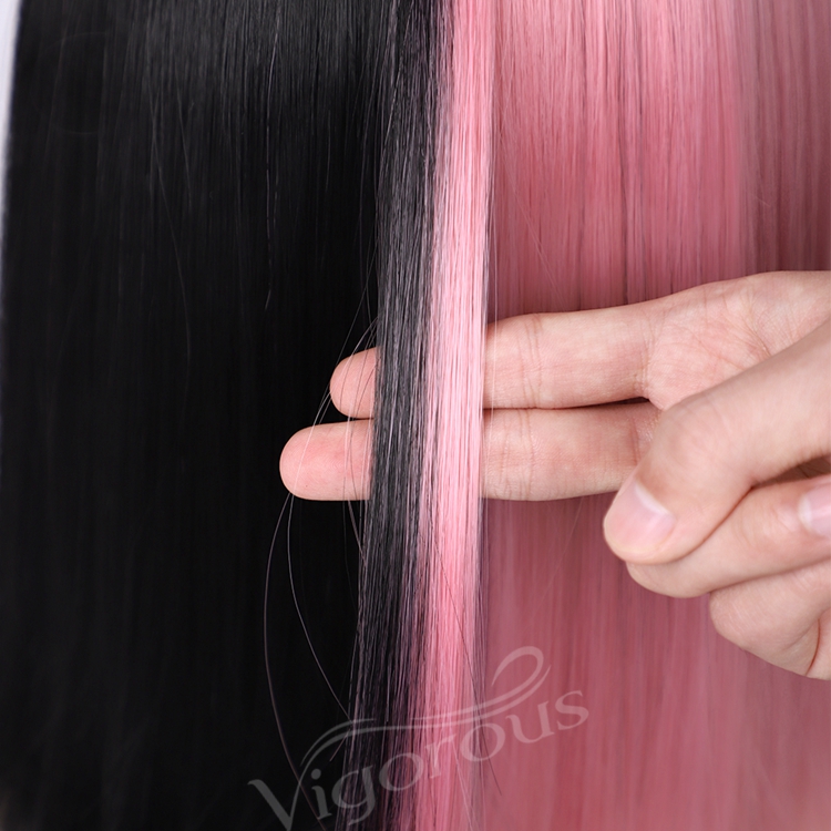 Black And Pink Girl's Colorful Hair Short Straight Wave Wigs With Bangs For Women Synthetic None Lace Bob Wig Shoulder Length