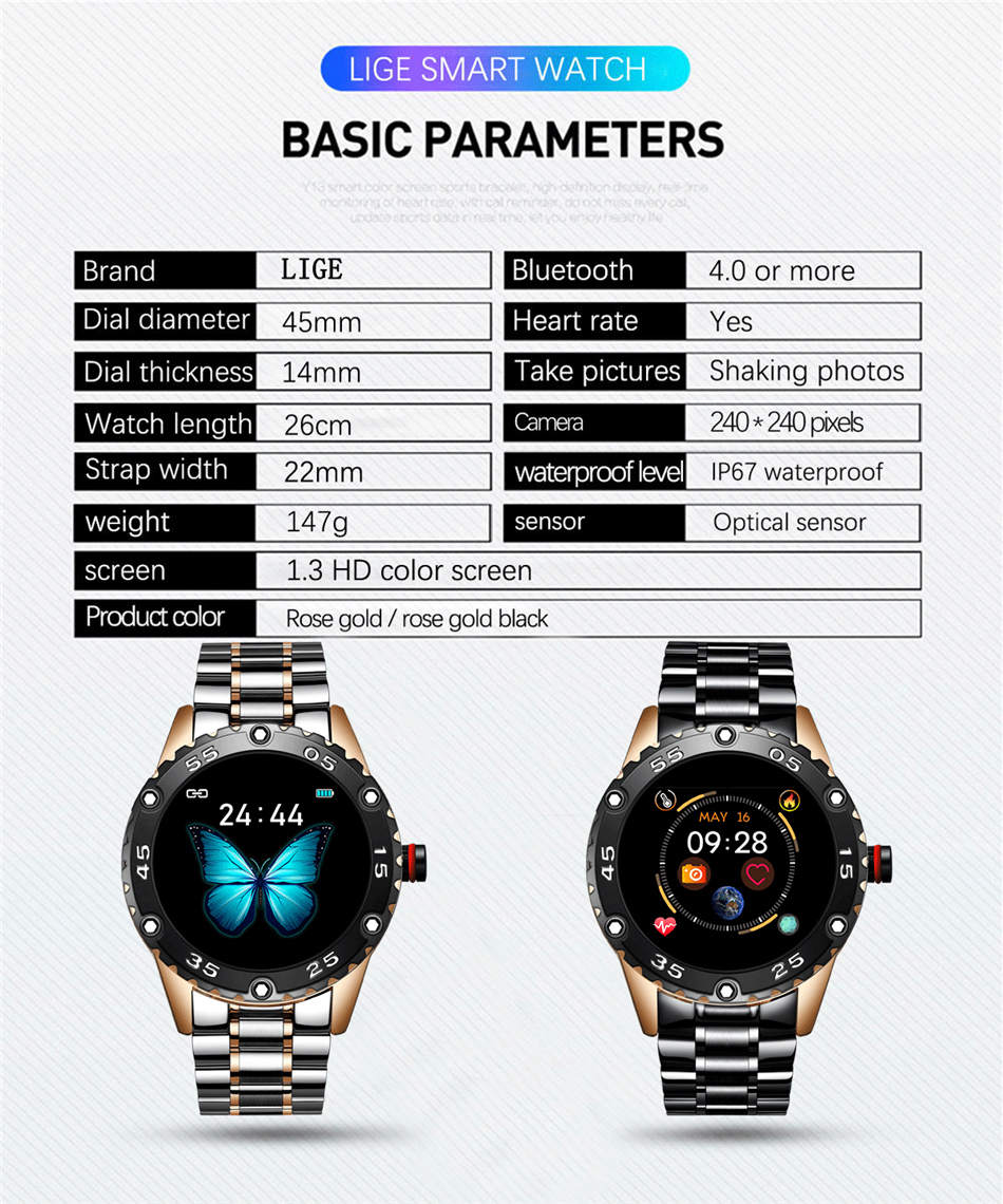 Lige BW0153 Stainless Steel Smartwatch Reminder Sports Waterproof New 2021 Lige Men Smart Watch