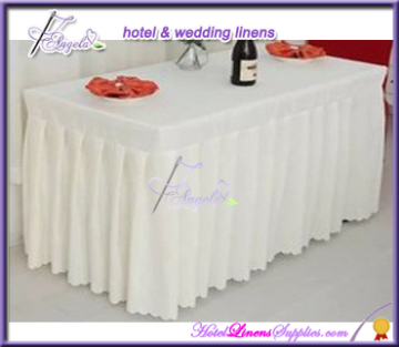 white polyester ruffled table skirts with topper, polyester ruffled table skirtings for wedding events