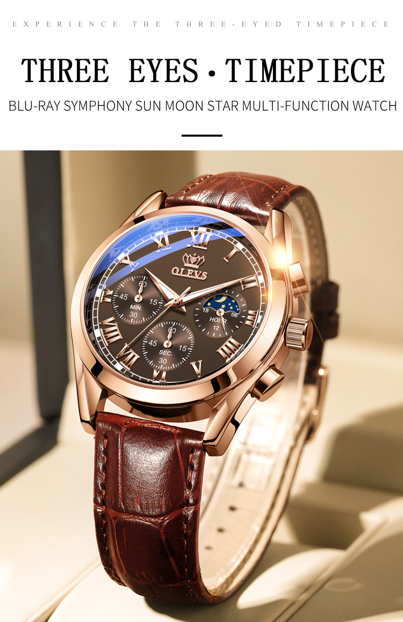 OLEVS 2871 Multifunctional Sports Watches Leather Luxury Fashion Genuine Leather Man Wristwatch Waterproof Luminous Men's Watch