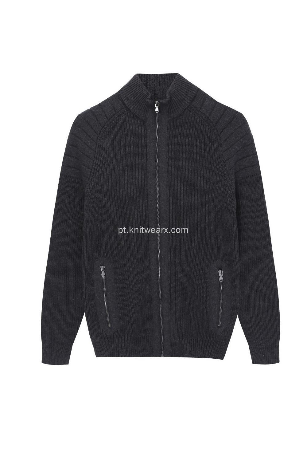 Casaco masculino de malha 100% algodão com manga de pneu zip