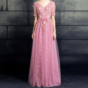 Beautiful Prom Dresses 2017 V-neck Applique Lace Flowers Pink Women Dress