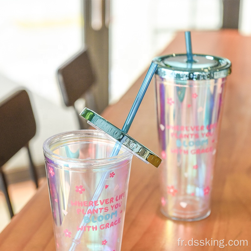 Tasse de couleur en plastique à double plastique imprimé en papier imprimé avec couvercle et paille