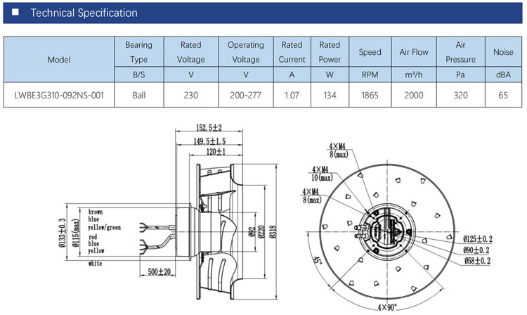 310mm EC 0~10 V / PWM 115V / 230V EC centrifugal fan for HVAC ,FFU ,AHU application