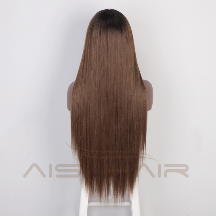 Aisi Hair Top Quality Cheap Long Silky Straight Fiber Wigs High Temperature Synthetic Fiber Wig Ombre Brown Wigs Wiht Bangs