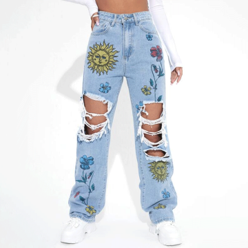 Casual Printed Ripped Plus Size Women Jeans