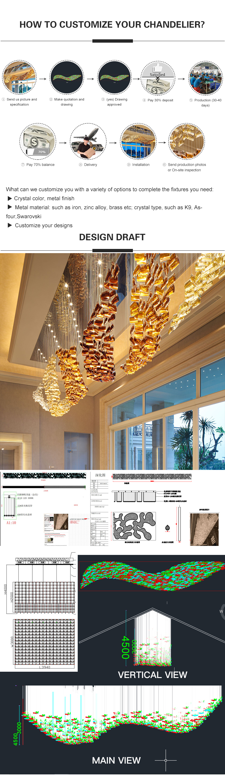 One-stop custom design custom luxury  big project chandelier pendant light