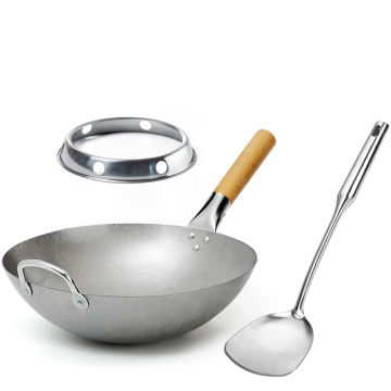 Chinese Carbon Steel Wok Set with Accessories - Nonstick Wok, Includes Spatula, Spoon, Grill, and Lid