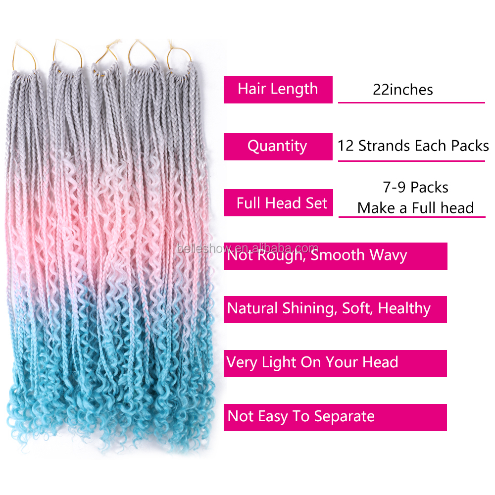 Hot sell  Crochet Bohemian Hair  Goddess Locs messy box braids with Curly Ombre  Pre-looped Synthetic Boho 3x river box braids