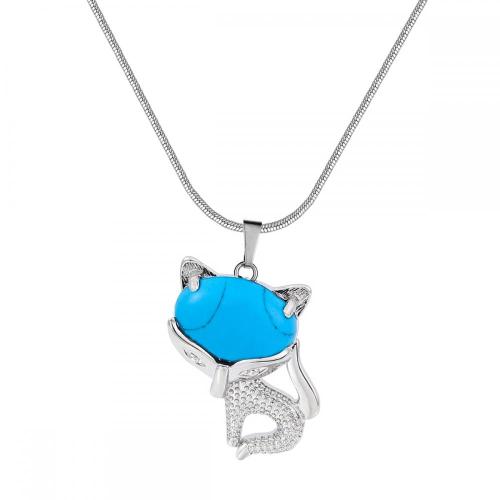 Turquoise Luck Fox Necklace for Women Men Healing Energy Crystal Amulet Animal Pendant Gemstone Jewelry Gifts