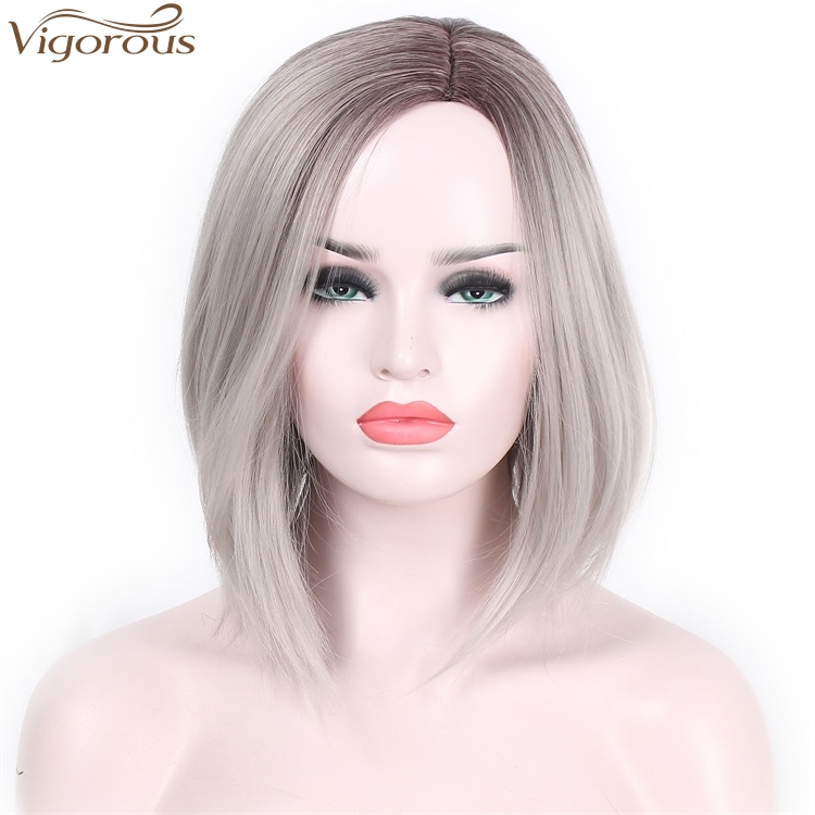 Vigorous High Quality Cosplay Synthetic Gray Wigs Short Straight Bob Wigs for Women Heat Resistant Fiber Fashion Styles