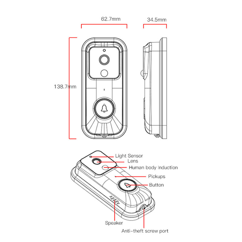 WiFi Video Doorbell 1080P Wireless Smart Door Bell Camera PIR Motion Detection  Night Vision