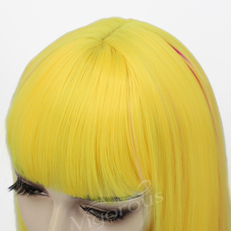 Yellow Highlight Red High Temperature Synthetic Bob Wigs With Flat Neat Bangs Short Straight Wigs for Women Wholesale