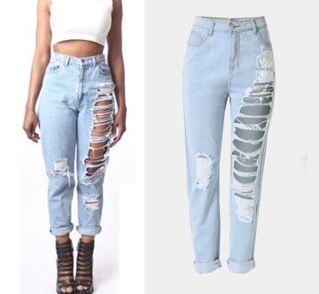 RM1605 Womens Blue Mid Waist Ripped Hole Washed Distressed Jeans Denim Pants