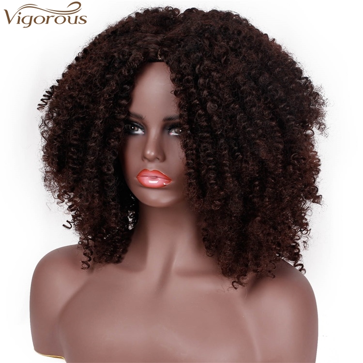 Vigorous Long Dark Brown Wigs Afro Kinky Curly Wigs for Black Women Middle Part Short Synthetic Wigs Heat Resistant Fiber