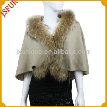 New fashion women's knitted shawl with real genuinr raccoon fur trim custom wholesale shawl