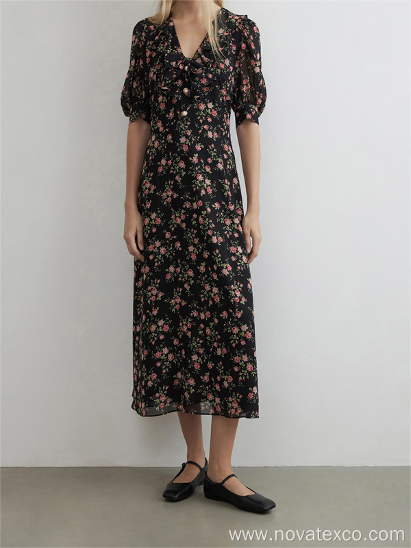 V-Neck Floral Polyester Bubble Sleeved Long Skirt