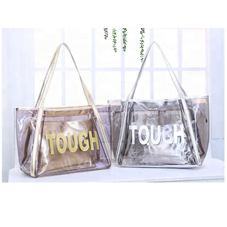 fashion zipper women transparent cosmetic jelly hand bags pvc waterproof beach tote bag