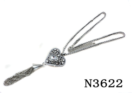 Statement Necklace, Fashion Antique Silver Necklace, Heart Charm Tassel Crystal Jewelry Necklace N3622