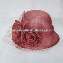 Round Top Sinamay Church Hat With 2 Flowers Decoration