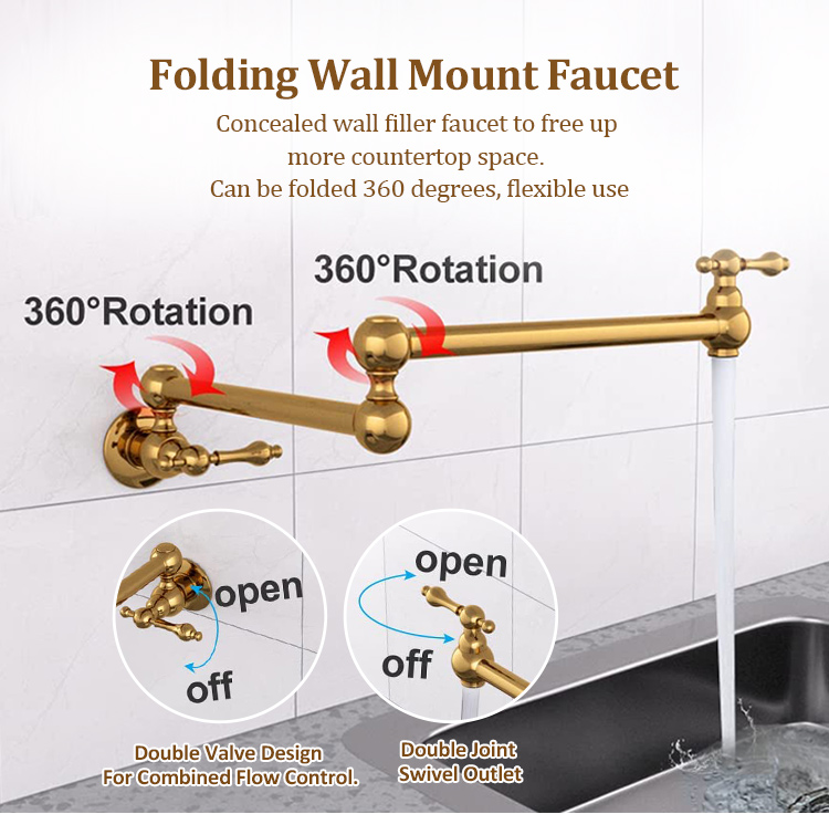 Hot Sale Gold Brass Wall Mount Kitchen Faucet Gold Folding Pot Filler Faucet