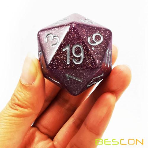 Bescon Glitter Jumbo D20 38MM, Большой размер 20 сторон Dice Glitter Purple, Big 20 Faces Cube 1,5 дюйма