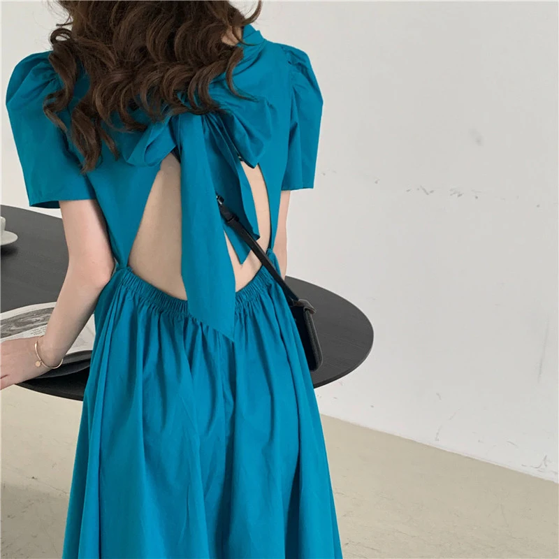 Summer Trend Back Hollow Bow Skirt Waist Solid Color Dress