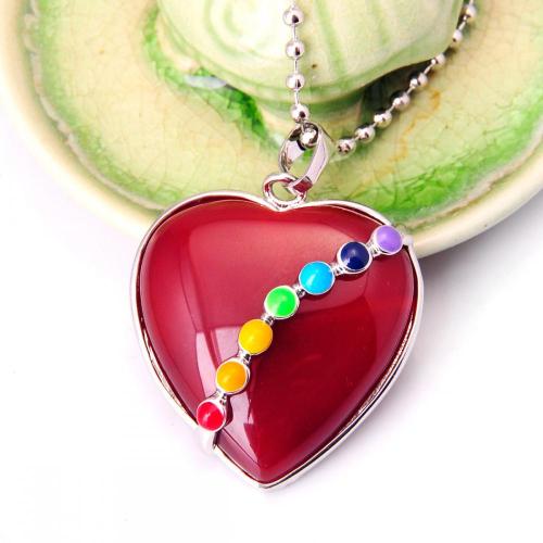 Seven Chakras Gemstone Red Carnelian Heart Pendant Necklace