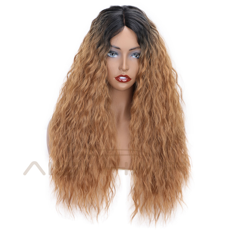 Aisi Hair Heat Resistant Synthetic Fiber Long Wavy Lace Part Wigs Ombre Brown Long Wave Wigs for American African Women