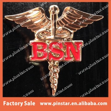 High quality Gold 3D BSN Nursing Cauceus RN Badge Lapel Pin with Butterfly Clasp