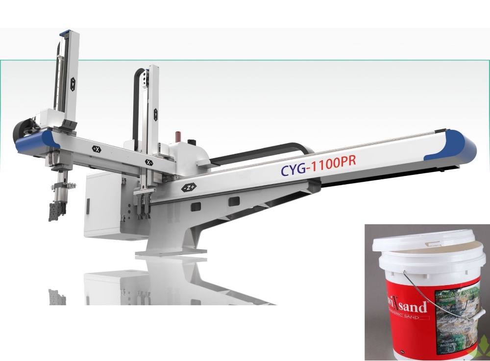 Automatic industrial robot arm picking placing food grade plastic paint bucket iml paint bucket