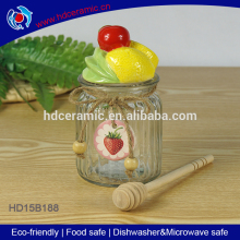 practical fruit ceramic lid glass bee honey jar with dipper