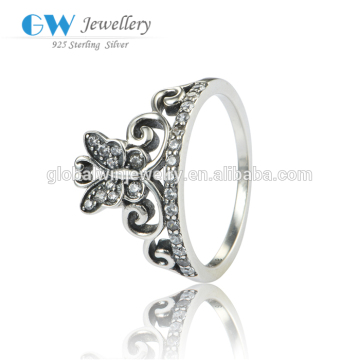 Vintage White Zircon Silver Ring Butterfly Women Engraved Silver Ring