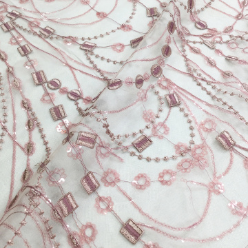 Pink Plastic Sequins Flat Lace Embroidery Fabric