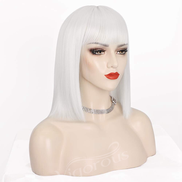 White Synthetic none Lace Front Wig Women's Short Straight Bob Wigs With Neat Tidy Bangs High Temperature Fiber Middle Part