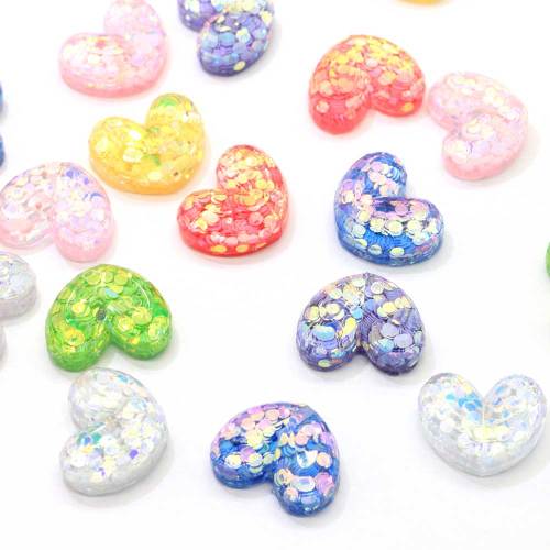 100Pcs New Mix Colors Glitter Filled Resin Heart Flatback Cabochon For DIY Phone Craft Decoration