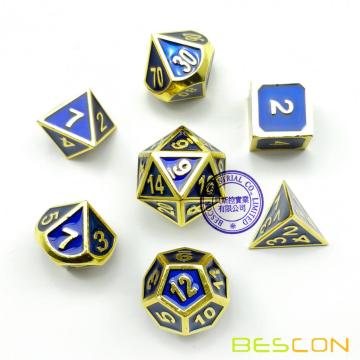Bescon Deluxe Golden and Blue Enamel Solid Metal Polyhedral Role Playing RPG Game Dice Set (7 Die in Pack)