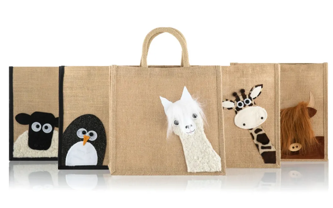 Black Jute Handle Penguin Printed Recycle Hemp Lightweight Jute Tote Bag for Grocery