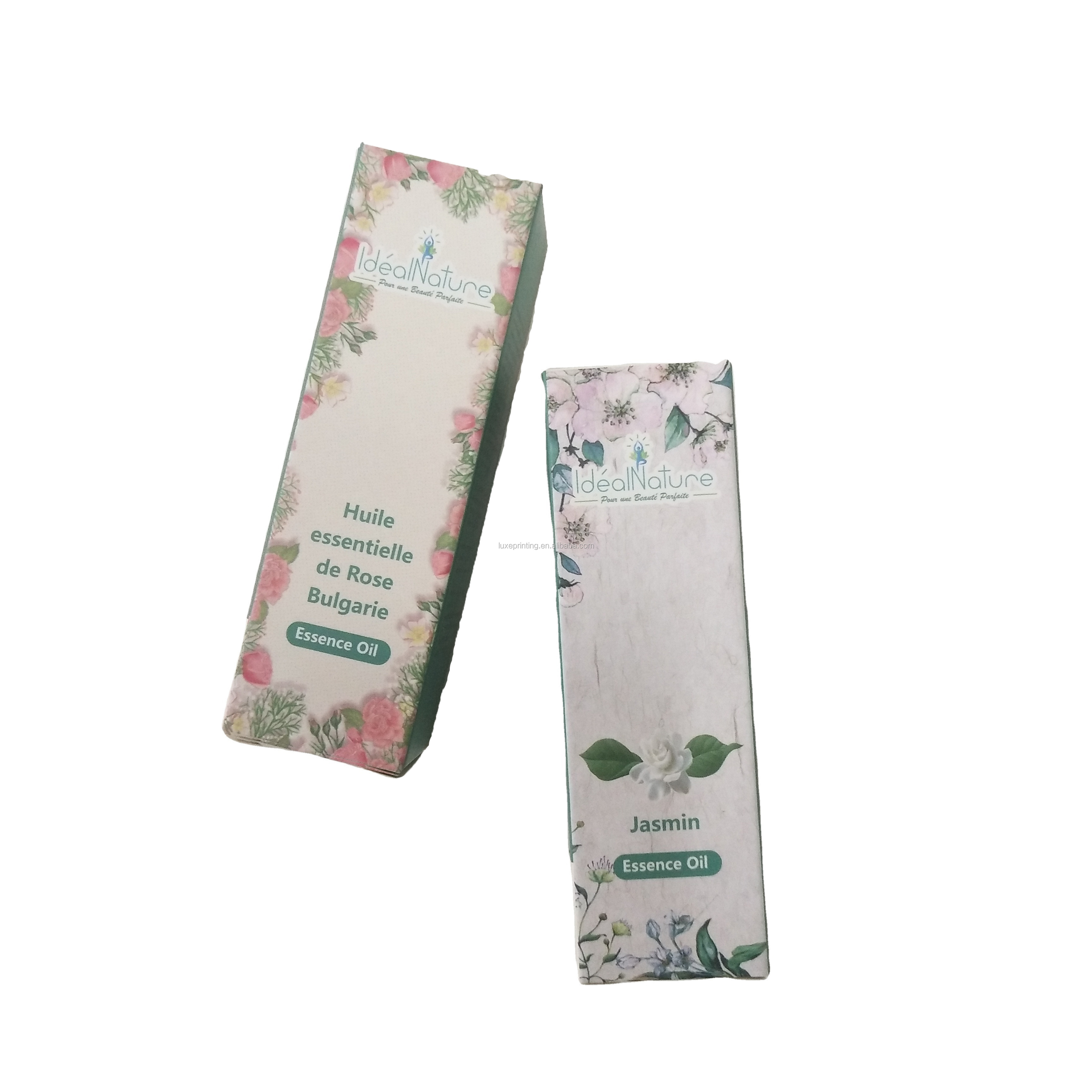 Factory foldable paper 100% pure beauty packaging white card stock jasmine essential oil box