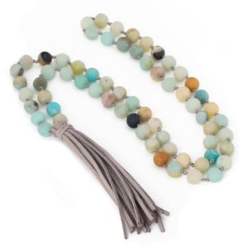 Fashion Amazonite Beads Gemstone Long Necklace With Korean Cord Tassels